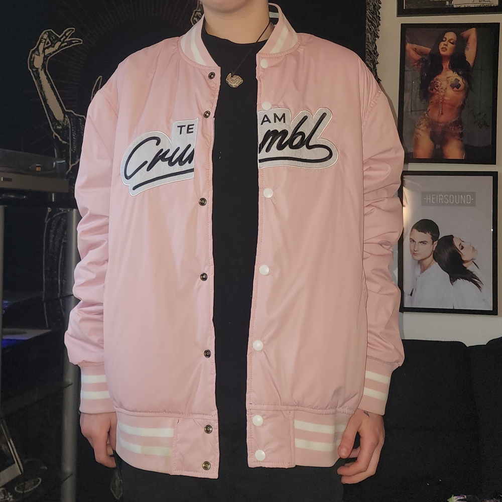 Pastel Pink Varsity Bomber Jacket with Ribbed Waistband